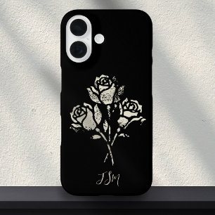 Coque Pour iPhone 16 Timbres Grunge Roses Noir et Blanc Initiales