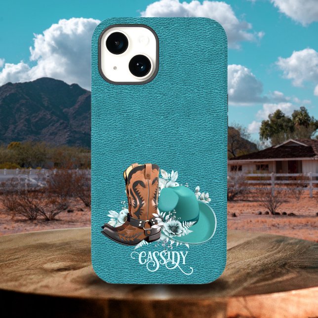 Coques Case-Mate iPhone Tissu en cuir cowgirl brun turquoise (Leather texture cowgirl brown turquoise Case-Mate iPhone case)