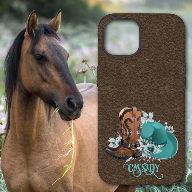 Coques Case-Mate iPhone Tissu en cuir cowgirl brun turquoise (Créateur téléchargé)