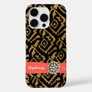 Coque iPhone 16 Pro Tissu tissé en or avec ruban et strass