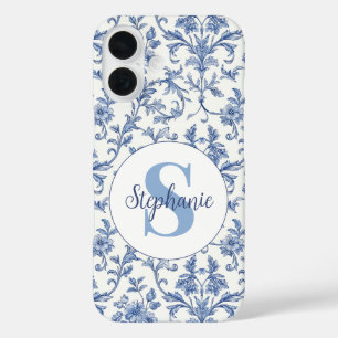 Coque Pour iPhone 16 Toile Bleue Motif Floral Monogramme Nom