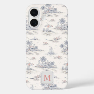 Coque Pour iPhone 16 Toile de Jouy Bleue Côtière Tropicale Monogramme