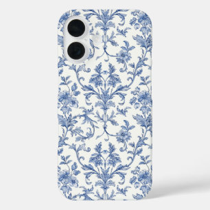 Coque Pour iPhone 16 Toile de Jouy bleue motif floral de style campagna