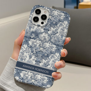 Coque Pour iPhone 16 Toile de Jouy damask monogram bleu vintage françai