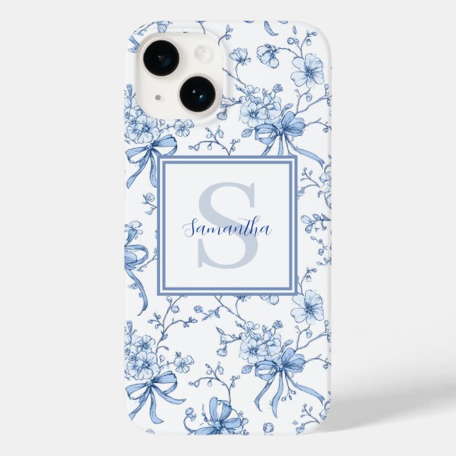 Coques Case-Mate iPhone Toile de Jouy Florale Bleue Monogramme Nom  (Verso)