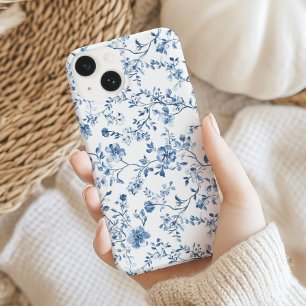 Coque Case-Mate iPhone Toile de Jouy Florale Élégante Bleue et Blanche de