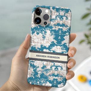 Coque Case-Mate iPhone Toile de Jouy Monogramme Vintage Bleu Turquoise