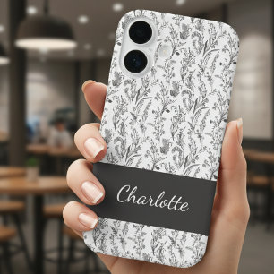 Coque Pour iPhone 16 Toile florale noir et blanc nom personnalisé
