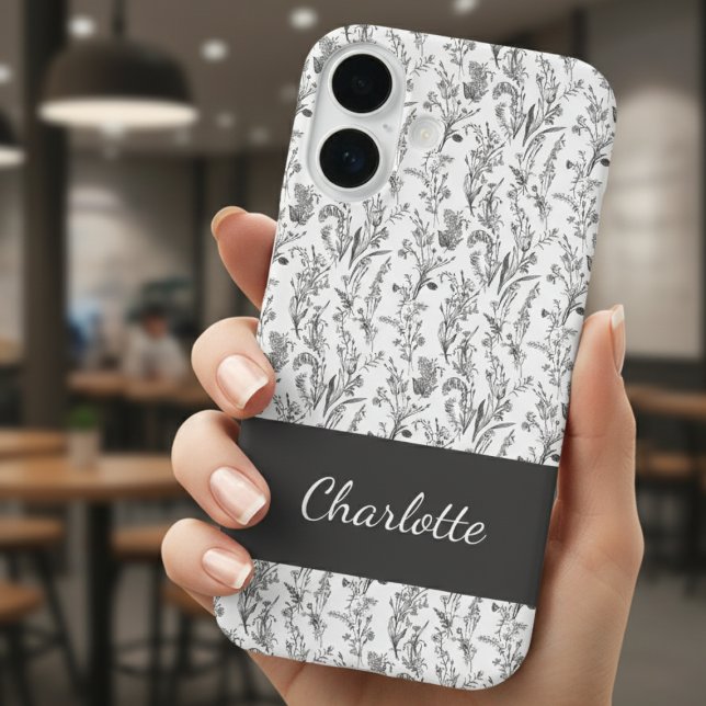Coques Case-Mate iPhone Toile florale noir et blanc nom personnalisé (black and white minimalist toile pattern iphone case with custom name for gift for her)