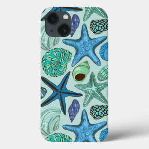 iPhone 13 Case Tons De Coquillages Bleus Et Motif D'Étoile