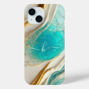 Coque Case-Mate iPhone Topaze Bleue Élégante Marbre à Veines d'Or Monogra