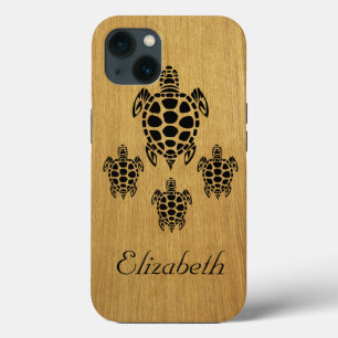 Etui iPhone 13 Tortue de mer Tribal Faux Wood