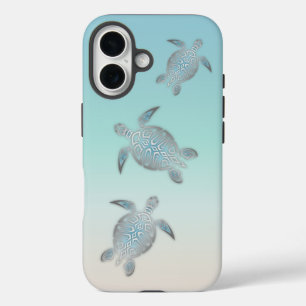 Coque Pour iPhone 16 Tortues Argentées Style Plage Turquoise Côtière