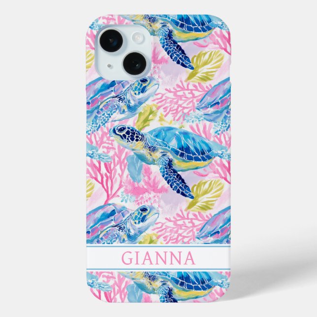 Coques Case-Mate iPhone Tortues de mer à l'aquarelle monogrammées (Verso)