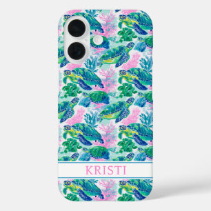 Coque Pour iPhone 16 Tortues de mer colorées monogrammées