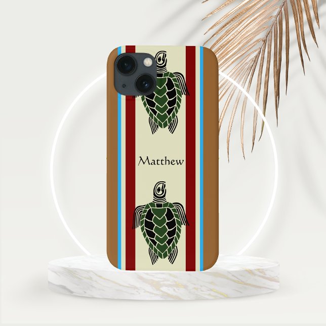 Coques Case-Mate iPhone Tortues de mer tribales avec des bandes verticales (Tribal Turtle Design with Vertical Stripes and Custom Text Line Phone Case)