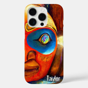 Coques iPhone 16 Pro Totem en bois sculpté Tiki Face Photo Nom personna