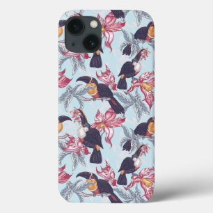 iPhone 13 Coque Toucans avec les fleurs exotiques