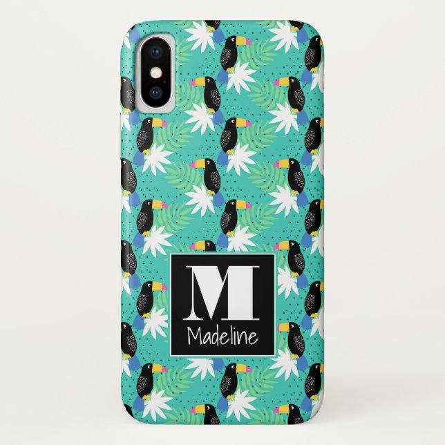 Coques Case-Mate iPhone Toucans sur le monogramme de Teal | (Dos)