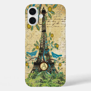 Coque Pour iPhone 16 Plus Tour de l'Effiel d'oiseaux Vintage Monogramme