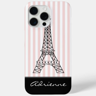 Coque iPhone 15 Pro Max Tour Eiffel aux rayures roses