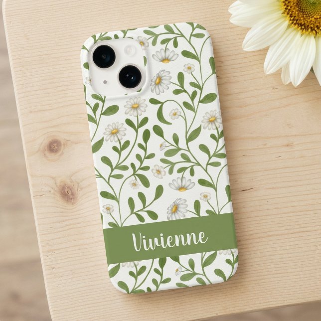 Coques Case-Mate iPhone Tournesol Vert Blanc Nom Fleur Sauvage Aquarelle (White Green Sunflower Watercolor Wildflower Name Case-Mate iPhone 14 Case)
