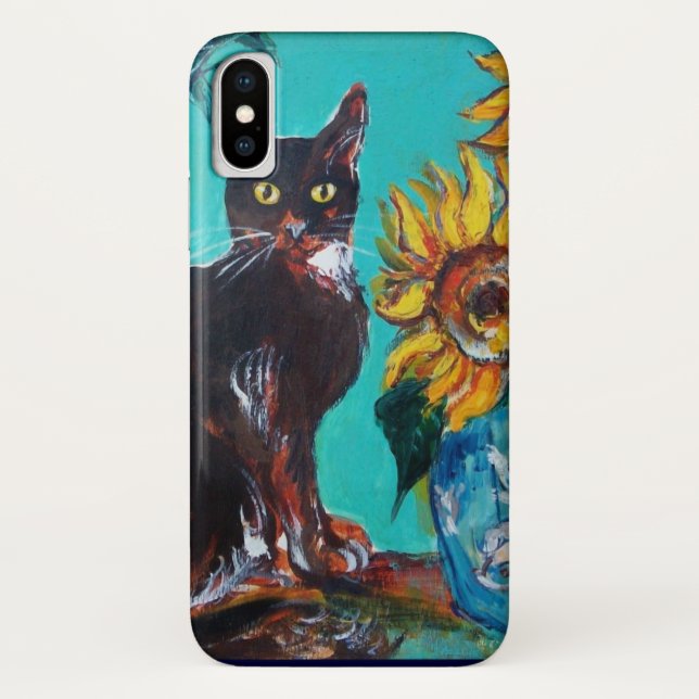 COQUES Case-Mate iPhone TOURNESOLS AVEC CHAT NOIR EN TURQUOISE BLEU (Dos)
