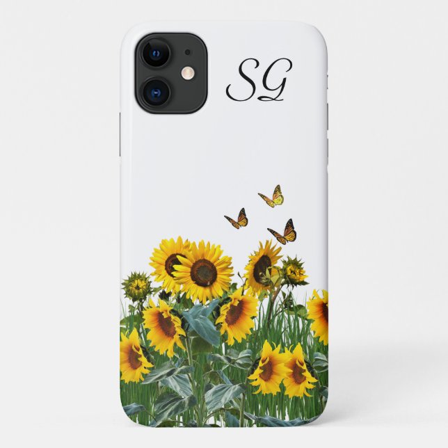 Coques Case-Mate iPhone Tournesols et papillons à monogramme Floral  (Dos)