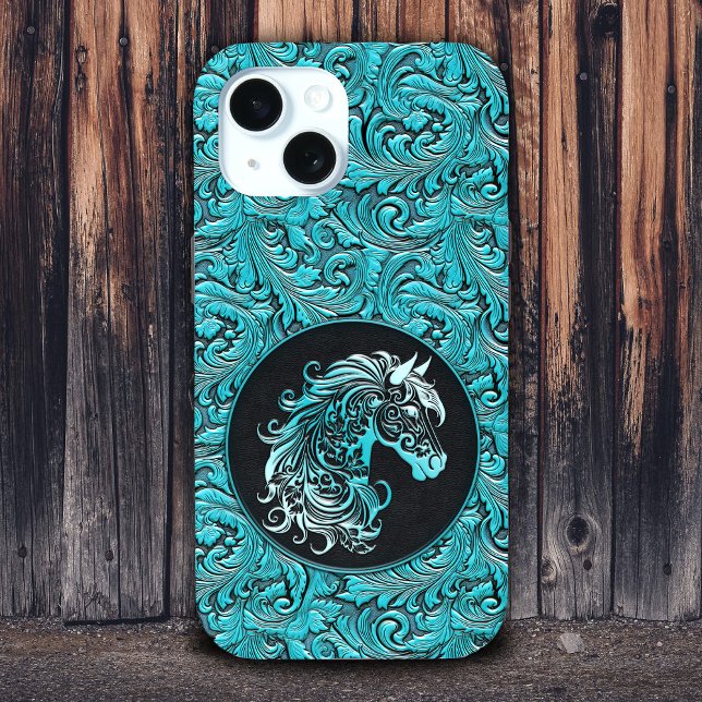 Coques Case-Mate iPhone Tourquoise cowgirl floral à outils cuir tête de ch (Turquoise cowgirl floral tooled leather horse head Case-Mate iPhone case)