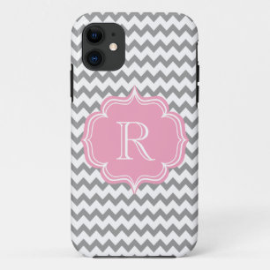 Coques Pour iPhone Tout le monogramme rose de fille et gris chic de