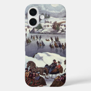Coque Pour iPhone 16 Traîneaux de Noël vintage, Central Park en hiver