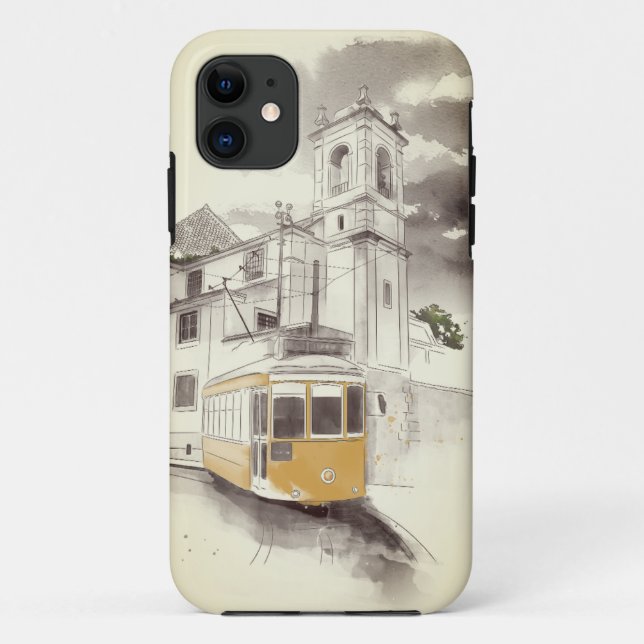 Coques Case-Mate iPhone Tramway jaune en noir et blanc paysage aquarelle (Dos)
