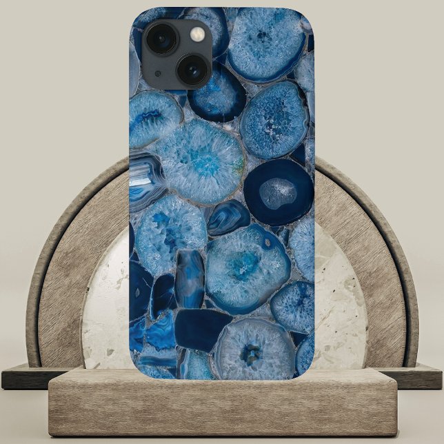 Coques Case-Mate iPhone Tranche de géométrie d'âge bleu (Blue Agate Geode Slices Phone Case on Marble and Wood Podium
)