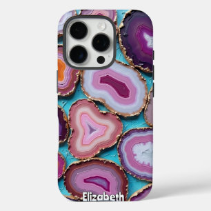 Coque iPhone 16 Pro Tranches d'agate violet et rose avec or