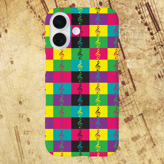 Coques Case-Mate iPhone Treble Clef Music Motif Bright (A phone case with a pattern of treble clef music symbols done in bright colors)