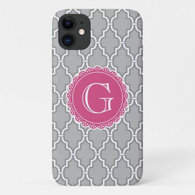 Coques Case-Mate iPhone Treillis gris Floral rose Monogramme (Dos)