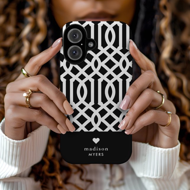 Coques Case-Mate iPhone Trellis Cœur Monogramme Noir et Blanc (Créateur téléchargé)