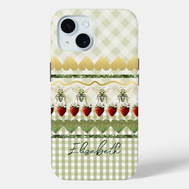 Coques Case-Mate iPhone Trendy Green Plaid and Checks Bees Hearts Monogram (Verso)