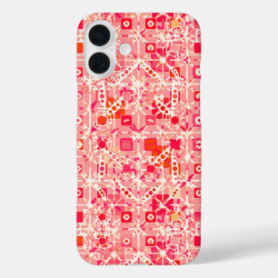 Coques iPhone 16 Plus Tribal Batik - corail rose, corail orange et crème