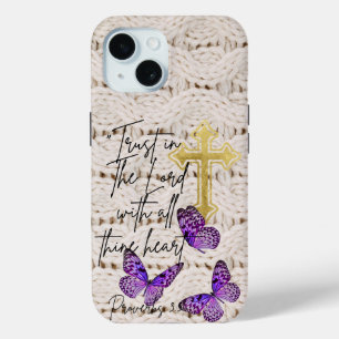 Coque Case-Mate iPhone Tricot Chic de Foi Croix Dorée Papillon Violet