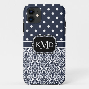 Coque iPhone 11 Trio Monogramme Navy Damask