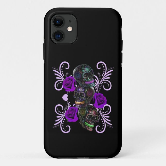 Coques Case-Mate iPhone Triple Jour Noir Des Crânes Morts Roses Violets (Dos)