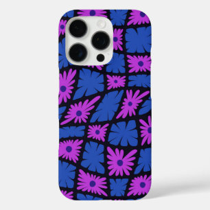 Coque iPhone 16 Pro Trippy super 60s Flower Checks bleu rose