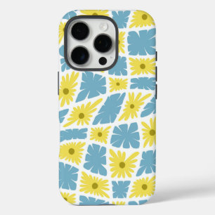 Coque iPhone 16 Pro Trippy super Wavy 60s Flower Checks Jaune Bleu
