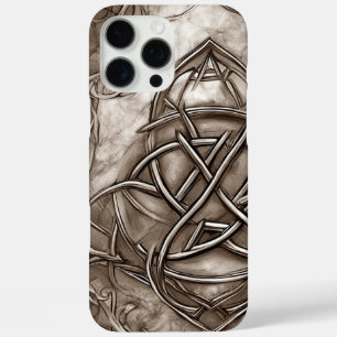 Coque iPhone 16 Pro Max Triquetra Trinity Knot Sepia Faux Tin métallique
