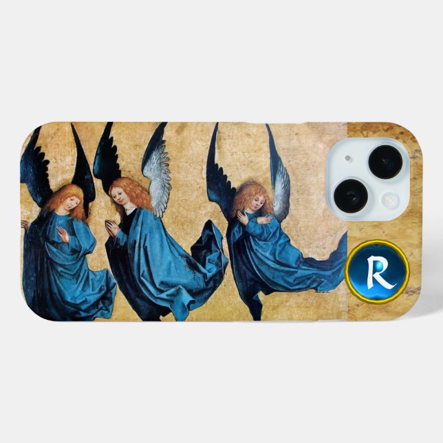 COQUES Case-Mate iPhone TROIS ANGELS DE NOËL EN MONOGRAM DE PARCHEMENT BLE (Verso (horizontal))