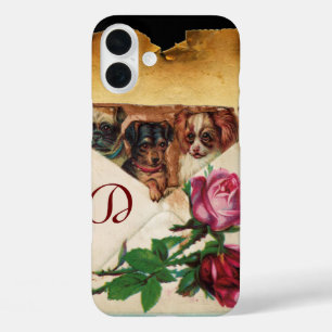 COQUE POUR iPhone 16 PLUS TROIS DOGGIES AVEC MONOGRAM ROSE