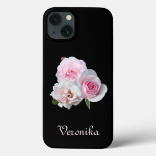 iPhone 13 Coque Trois roses roses. Ajoutez du texte.