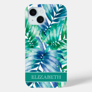 Coque Case-Mate iPhone Tropical Blue Green Palm Fronds Nom personnalisé