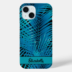 Coque Case-Mate iPhone Tropical Blue Palm Fronds sur Black Personnalisé